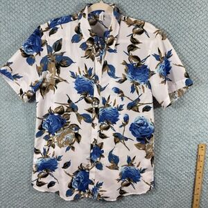 SSLR Mens Collection White M Hawaiian Coastal Blue Floral Short Sleeve shirt